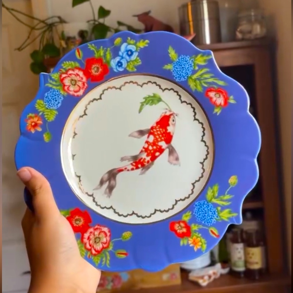 Anthropologie Lou Rota nature plates 1 hummingbird plate and 1 koi fish plate